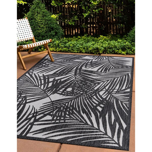 World Rug Gallery Contemporary Palm Leaf Textured Flat Weave Indoor/Outdoor Area Rug 7'10" x 10' Black - 118BLACK8X10