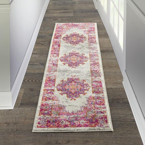 Homeroots 2 x 6 ft. Ivory & Fuchsia Distressed Runner Rug - 385272