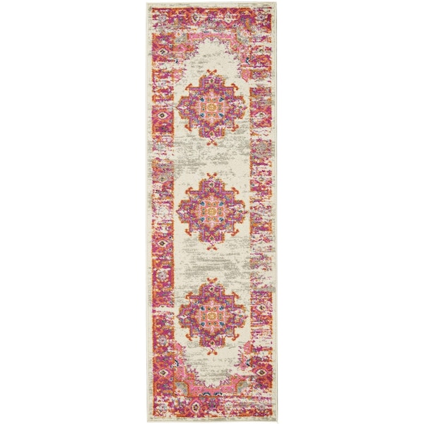 Homeroots 2 x 6 ft. Ivory & Fuchsia Distressed Runner Rug - 385272