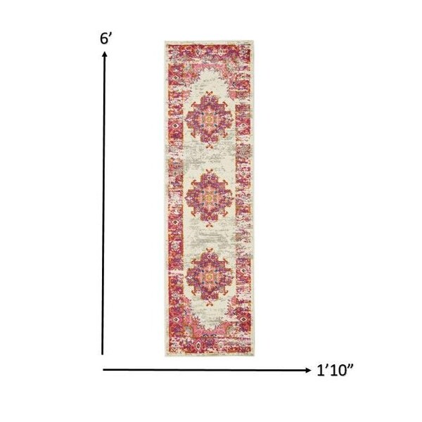 Homeroots 2 x 6 ft. Ivory & Fuchsia Distressed Runner Rug - 385272