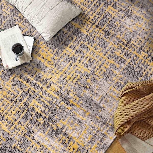 World Rug Gallery Distressed Abstract Design Non Shedding Soft Area Rug 2' x 7' Yellow - 394YELLOW2X7