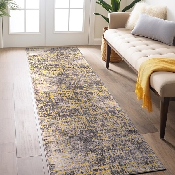 World Rug Gallery Distressed Abstract Design Non Shedding Soft Area Rug 2' x 7' Yellow - 394YELLOW2X7