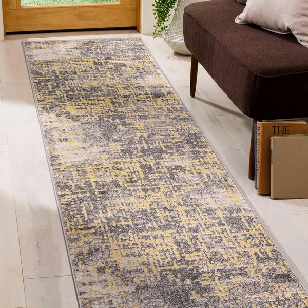 World Rug Gallery Distressed Abstract Design Non Shedding Soft Area Rug 2' x 7' Yellow - 394YELLOW2X7