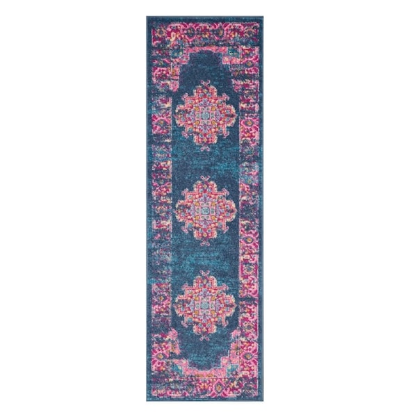 Homeroots 2 x 6 ft. Blue & Pink Medallion Runner Rug - 385433
