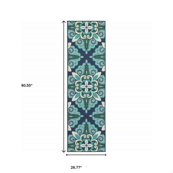 Homeroots 2 x 8 ft. Blue & Green Floral Indoor & Outdoor Runner Rug - 388666