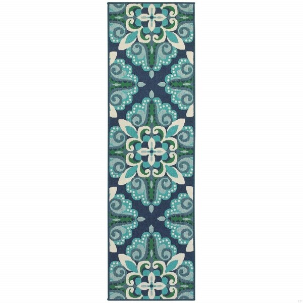 Homeroots 2 x 8 ft. Blue & Green Floral Indoor & Outdoor Runner Rug - 388666
