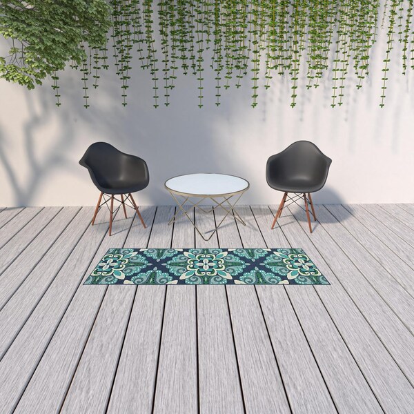 Homeroots 2 x 8 ft. Blue & Green Floral Indoor & Outdoor Runner Rug - 388666