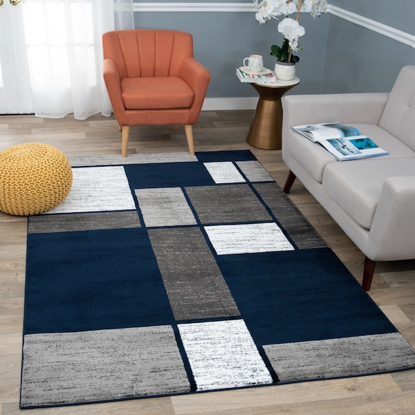 World Rug Gallery Contemporary Modern Boxes Design Soft Area Rug 7'10'' x 10'2'' Navy - 106NAVY8X10