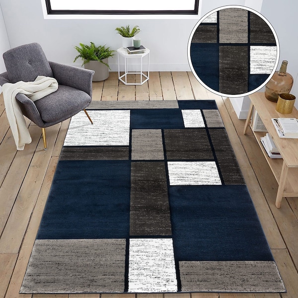 World Rug Gallery Contemporary Modern Boxes Design Soft Area Rug 7'10'' x 10'2'' Navy - 106NAVY8X10