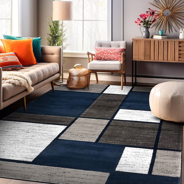 World Rug Gallery Contemporary Modern Boxes Design Soft Area Rug 7'10'' x 10'2'' Navy - 106NAVY8X10