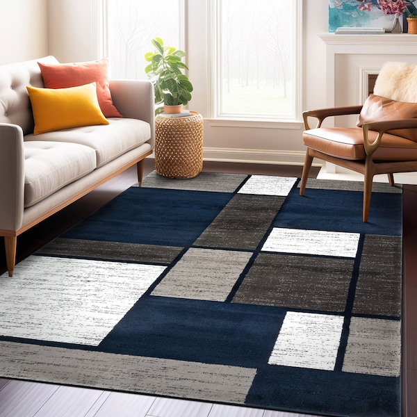 World Rug Gallery Contemporary Modern Boxes Design Soft Area Rug 7'10'' x 10'2'' Navy - 106NAVY8X10