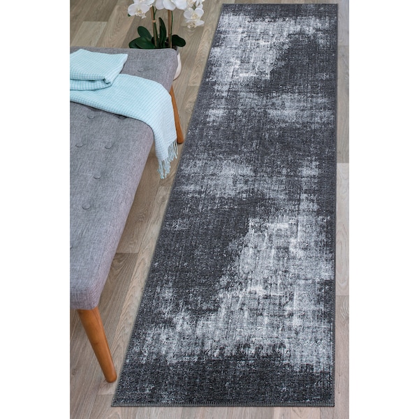 World Rug Gallery Contemporary Distressed Abstract Machine Washable Dark Gray Runner Rug 2'6''x7' - 5075DARKGRAY2X7
