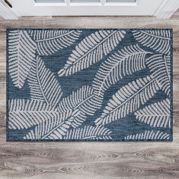 World Rug Gallery Distressed Palm Leaves Textured Flat Weave Indoor/Outdoor Area Rug 2' x 3' Navy - 114NAVY2X3