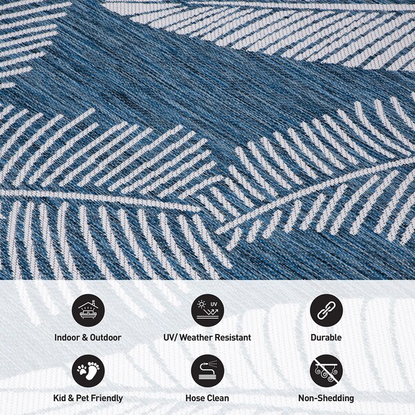 World Rug Gallery Distressed Palm Leaves Textured Flat Weave Indoor/Outdoor Area Rug 2' x 3' Navy - 114NAVY2X3