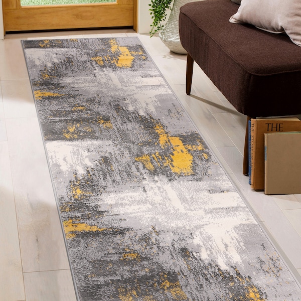 World Rug Gallery Bari Contemporary Abstract Art Runner Rug 2'x7' Yellow - 4055YELLOW2X7
