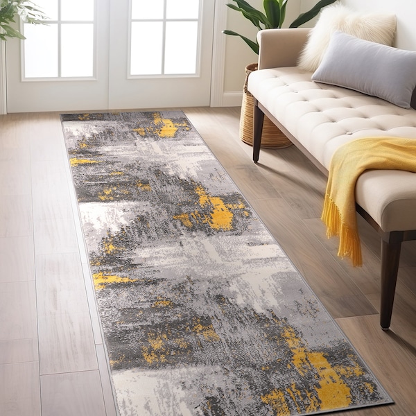 World Rug Gallery Bari Contemporary Abstract Art Runner Rug 2'x7' Yellow - 4055YELLOW2X7