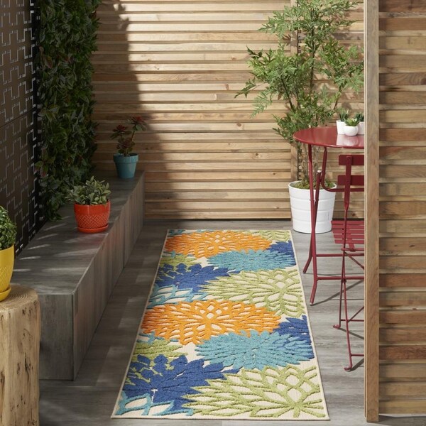 Homeroots 2 x 8 ft. Orange Floral Outdoor Runner Rug - 384628