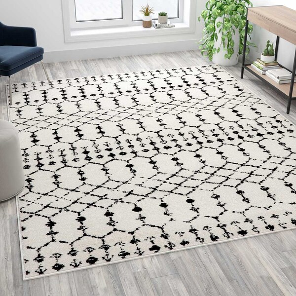 Flash Furniture Geometric Bohemian Low Pile Rug - 8' x 10' - Ivory/Black - RC-CR19-1330-810-WH-GG