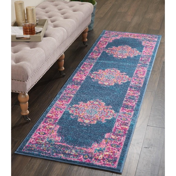 Homeroots 2 x 10 ft. Blue & Pink Medallion Runner Rug - 385250
