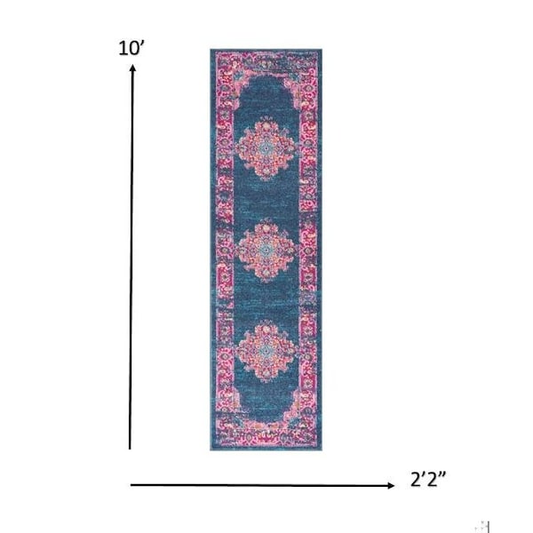 Homeroots 2 x 10 ft. Blue & Pink Medallion Runner Rug - 385250