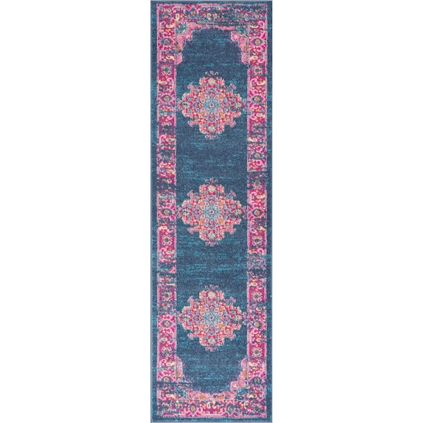 Homeroots 2 x 10 ft. Blue & Pink Medallion Runner Rug - 385250