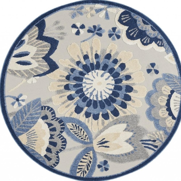 Homeroots 4 ft. Round Blue & Gray Indoor & Outdoor Area Rug - 385103