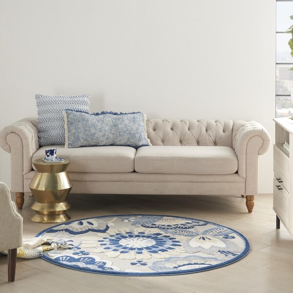 Homeroots 4 ft. Round Blue & Gray Indoor & Outdoor Area Rug - 385103