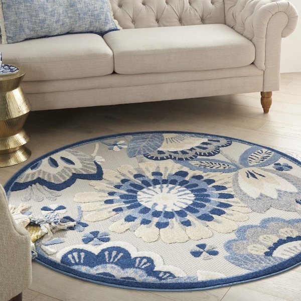 Homeroots 4 ft. Round Blue & Gray Indoor & Outdoor Area Rug - 385103