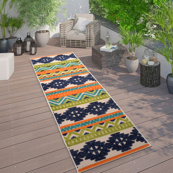 World Rug Gallery Distressed Geometric Bohemian Textured Flat Weave Indoor/Outdoor Runner Rug 2'x7' Natural - 8018MULTI2X7