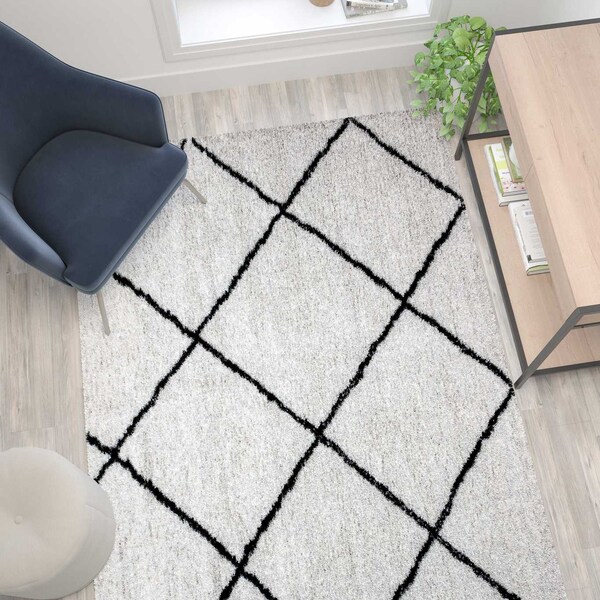 Flash Furniture Shag Style Diamond Trellis Area Rug - 5' x 7' - Ivory - RC-KJ-181070-01-57-GG
