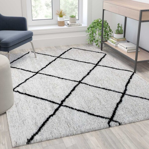 Flash Furniture Shag Style Diamond Trellis Area Rug - 5' x 7' - Ivory - RC-KJ-181070-01-57-GG