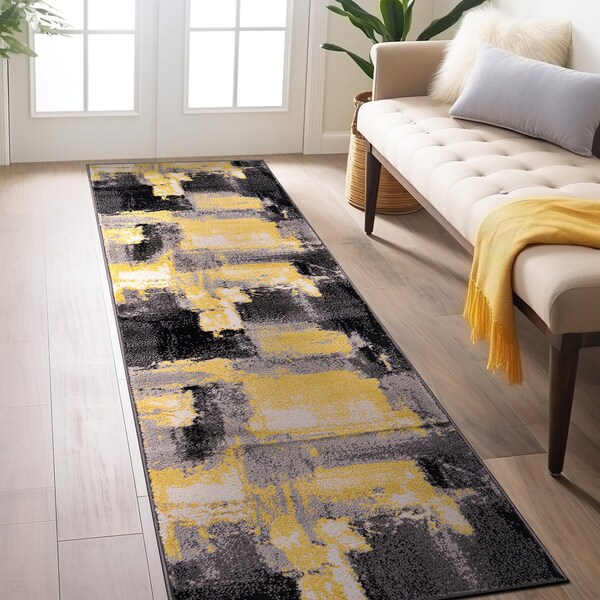 World Rug Gallery Contemporary Abstract Watercolor Design Soft Area Rug 2' x 7' Yellow - 398YELLOW2X7