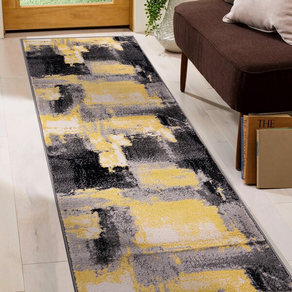 World Rug Gallery Contemporary Abstract Watercolor Design Soft Area Rug 2' x 7' Yellow - 398YELLOW2X7