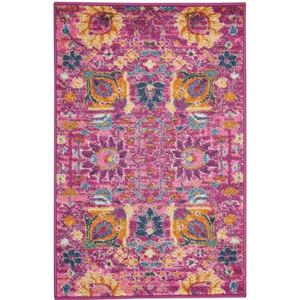 Homeroots 2 x 3 ft. Fuchsia & Orange Distressed Scatter Area Rug - 385188