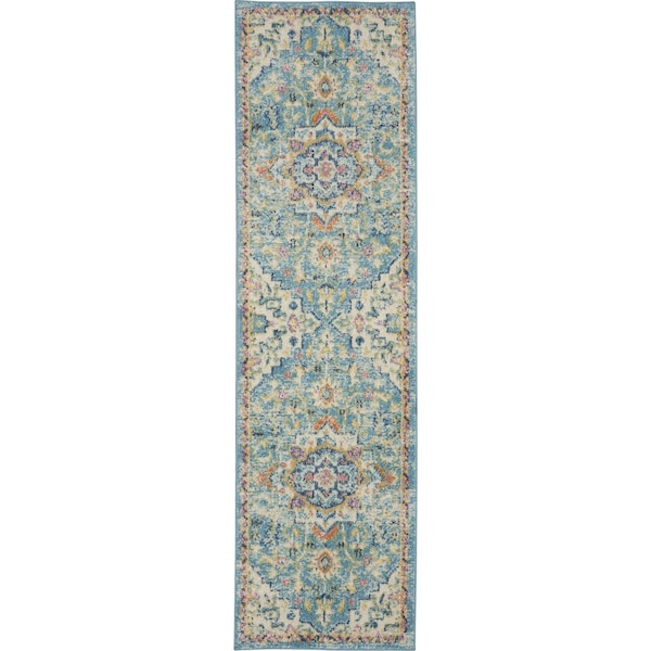 Homeroots 2 x 8 ft. Light Blue & Ivory Distressed Runner Rug - 385579