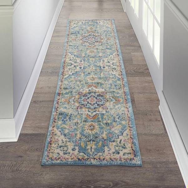 Homeroots 2 x 8 ft. Light Blue & Ivory Distressed Runner Rug - 385579