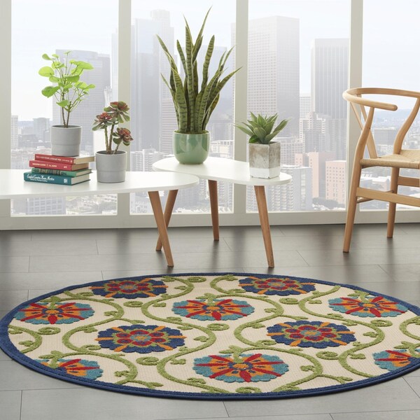 Homeroots 5 ft. Round Blue Vines Indoor & Outdoor Area Rug - 384974