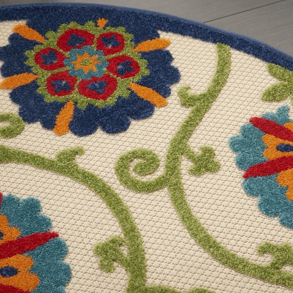 Homeroots 5 ft. Round Blue Vines Indoor & Outdoor Area Rug - 384974