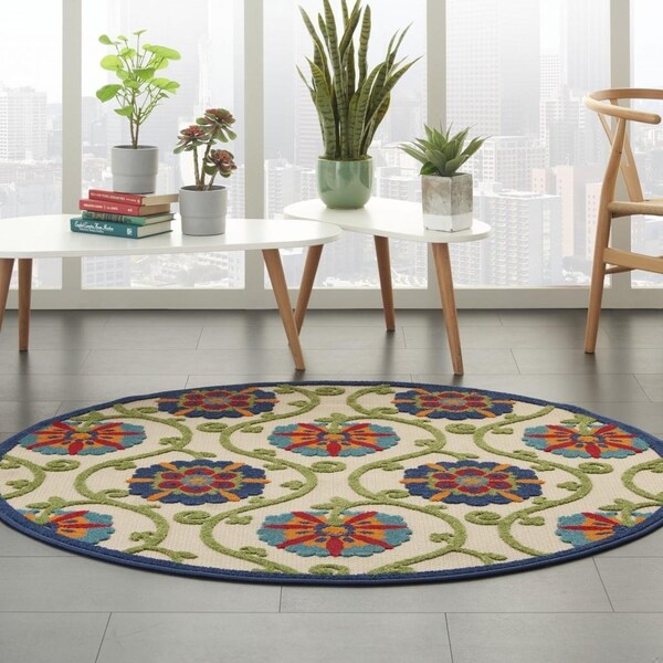 Homeroots 5 ft. Round Blue Vines Indoor & Outdoor Area Rug - 384974