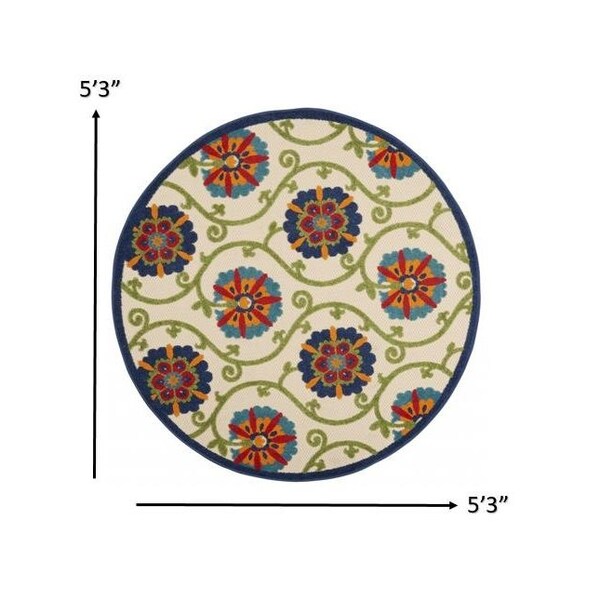 Homeroots 5 ft. Round Blue Vines Indoor & Outdoor Area Rug - 384974