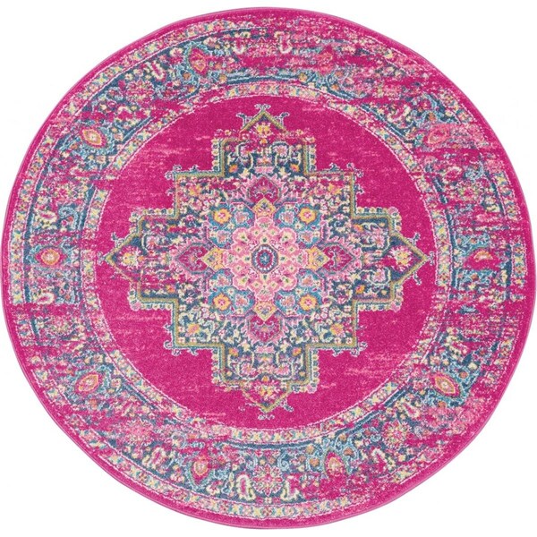 Homeroots 4 ft. Round Fuchsia & Blue Distressed Area Rug - 385261