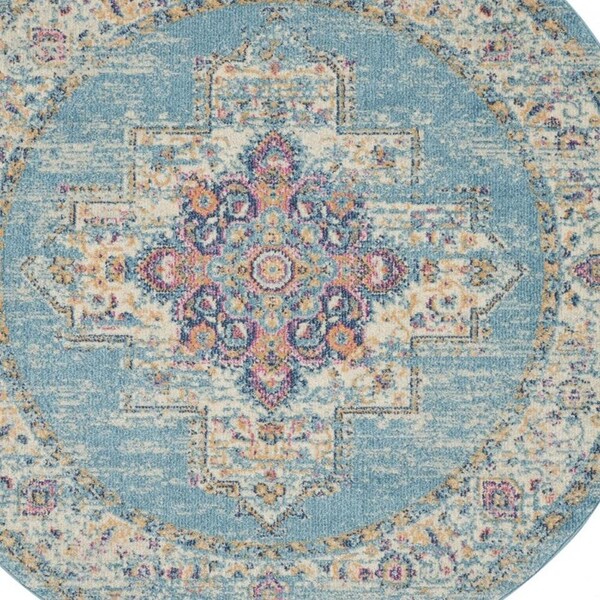 Homeroots 4 ft. Round Light Blue Distressed Medallion Area Rug - 385333