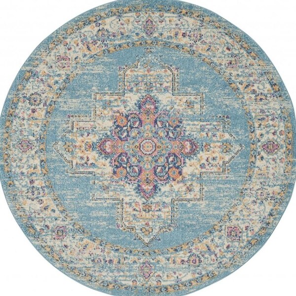 Homeroots 4 ft. Round Light Blue Distressed Medallion Area Rug - 385333