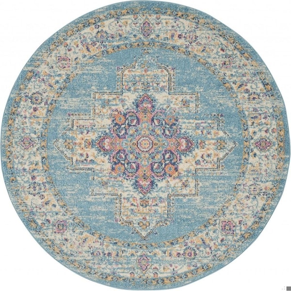 Homeroots 4 ft. Round Light Blue Distressed Medallion Area Rug - 385333