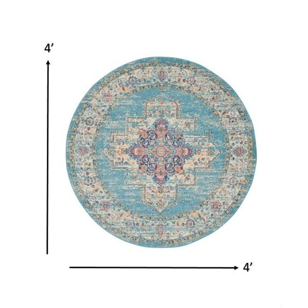 Homeroots 4 ft. Round Light Blue Distressed Medallion Area Rug - 385333
