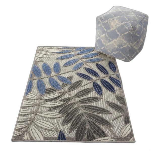 Homeroots 3 x 4 ft. Gray & Blue Leaves Indoor & Outdoor Area Rug - 384868