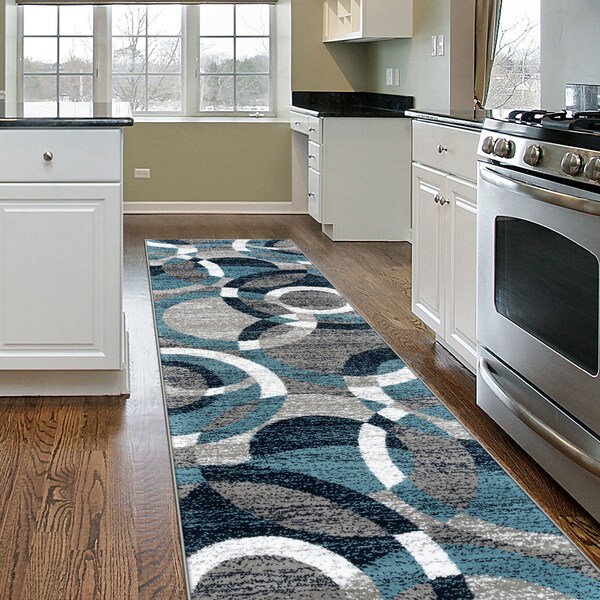 World Rug Gallery Contemporary Abstract Circles Soft Runner Rug 2' x 7'2'' Blue - 105BLUE2X7