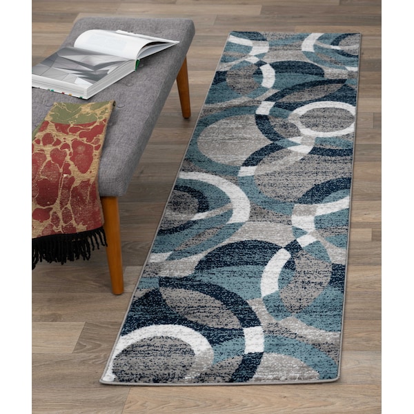 World Rug Gallery Contemporary Abstract Circles Soft Runner Rug 2' x 7'2'' Blue - 105BLUE2X7