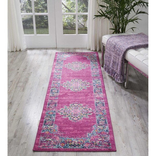 Homeroots 2 x 8 ft. Fuchsia & Blue Distressed Runner Rug - 385312
