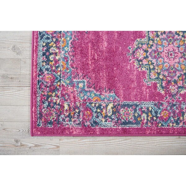 Homeroots 2 x 8 ft. Fuchsia & Blue Distressed Runner Rug - 385312